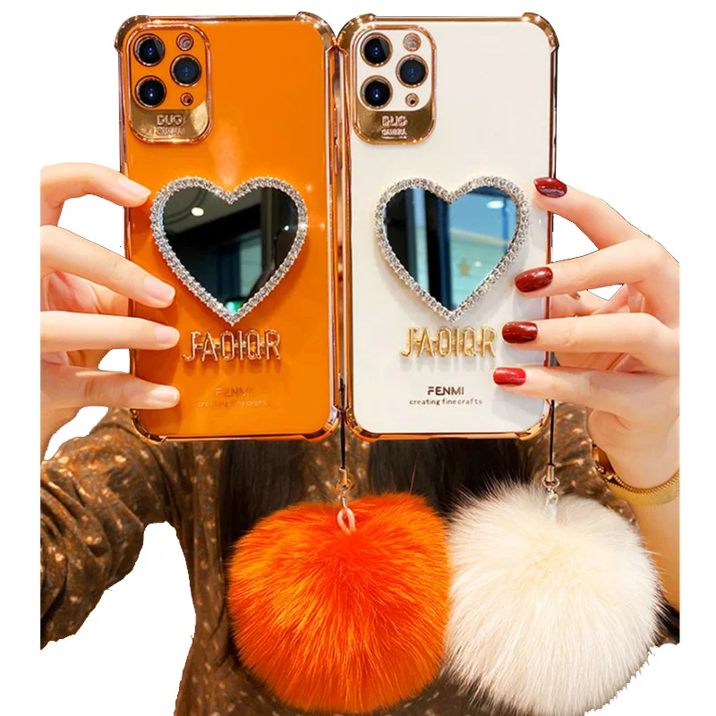 

Bling rhinestone Heart Shape Makeup mirror Phone Case for iPhone 12 phone pro max case with Hairball mobile cover, 7 colors