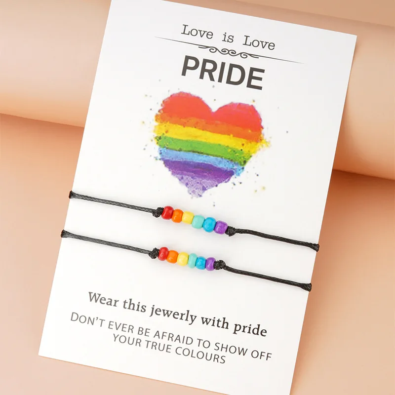 

Gift Jewelry 2pcs Gay Pride Love Heart Bisexual LGBT Rainbow Beads Braided Luck Wish Couple Lovers Friendship Rope Card Bracelet