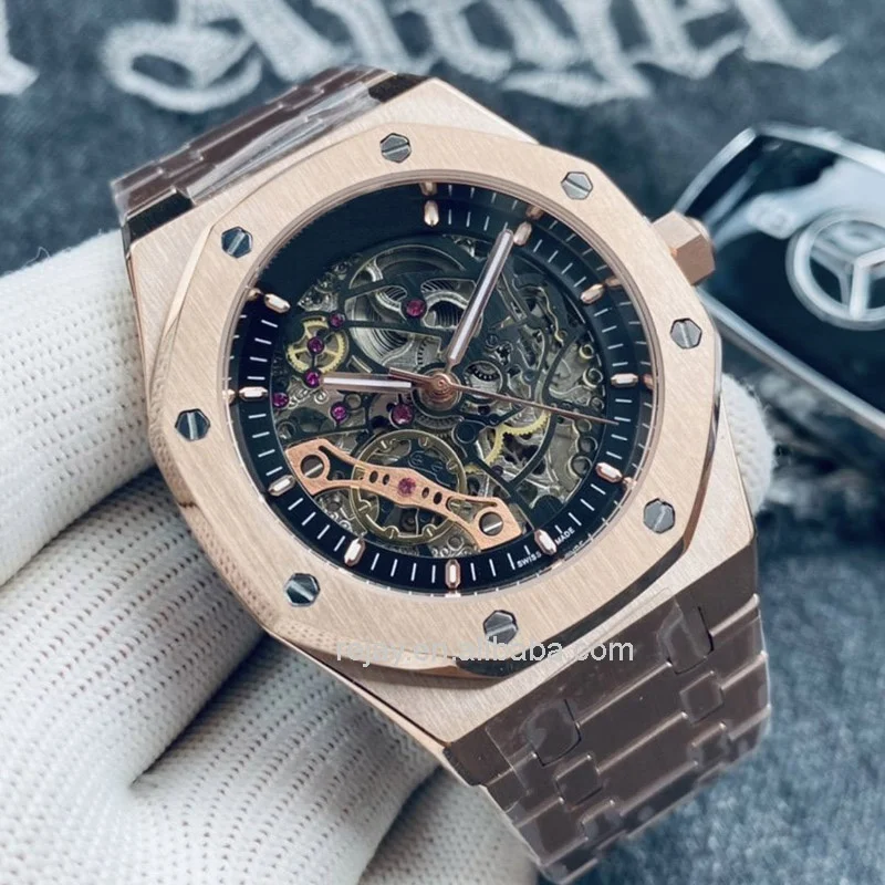 

Oak Self-wind Watches Men Automatic Mechanical 42mm Hollow Skeleton Rose Gold 316L Stainless Steel Business Wristwatches