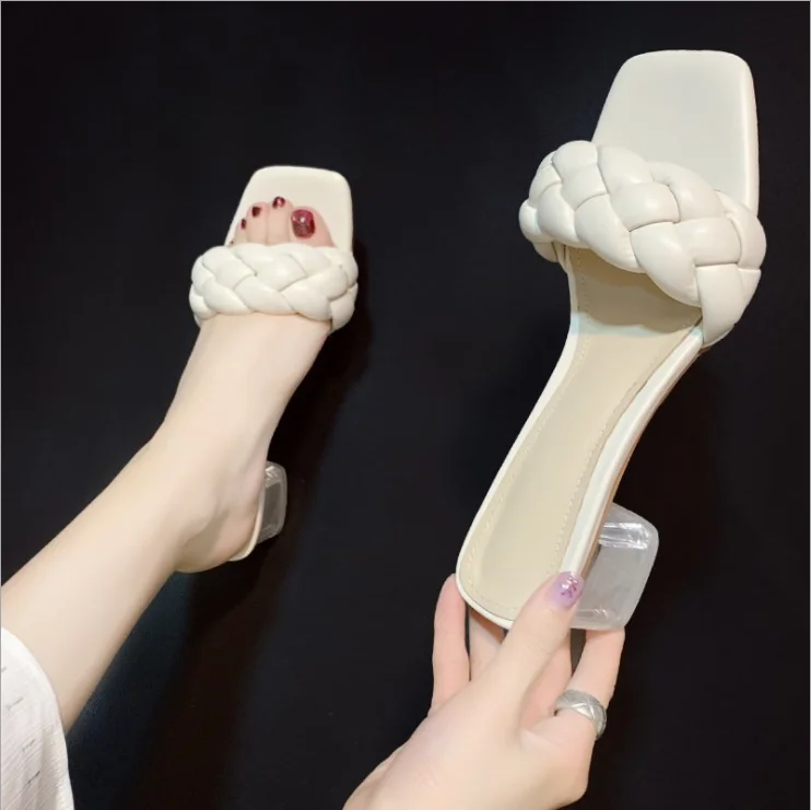 

JXS7932 Women Sandals Shoes Square Toe Solid Weave Slippers Low Heels For Ladies 2020, Blue,beige