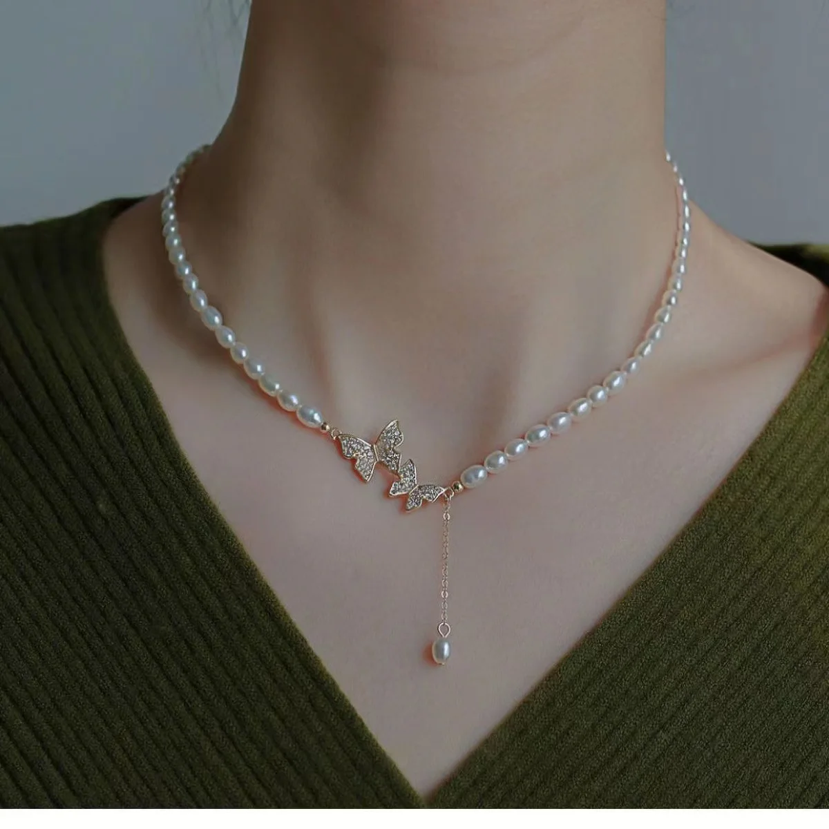 

NK0001 Summer Double Butterfly Necklace Fashion White Imitation Pearl Choker Necklace For Women Girls Wedding Party Jewelry