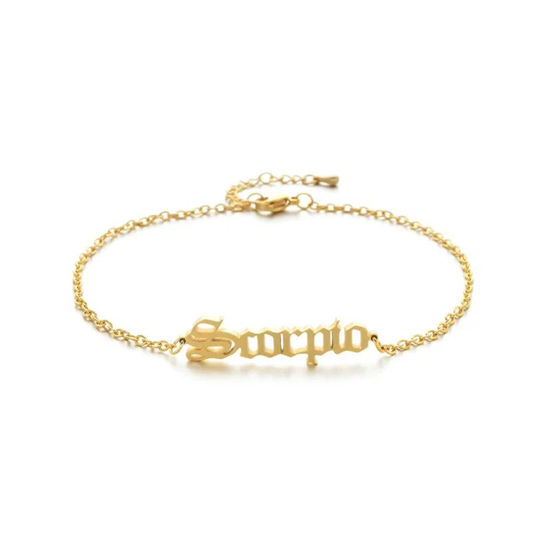 

18K Gold Plated Old English Letter Initial Bracelets Stainless Steel Zodiac Sign Bracelet Charm Women, Gold silver