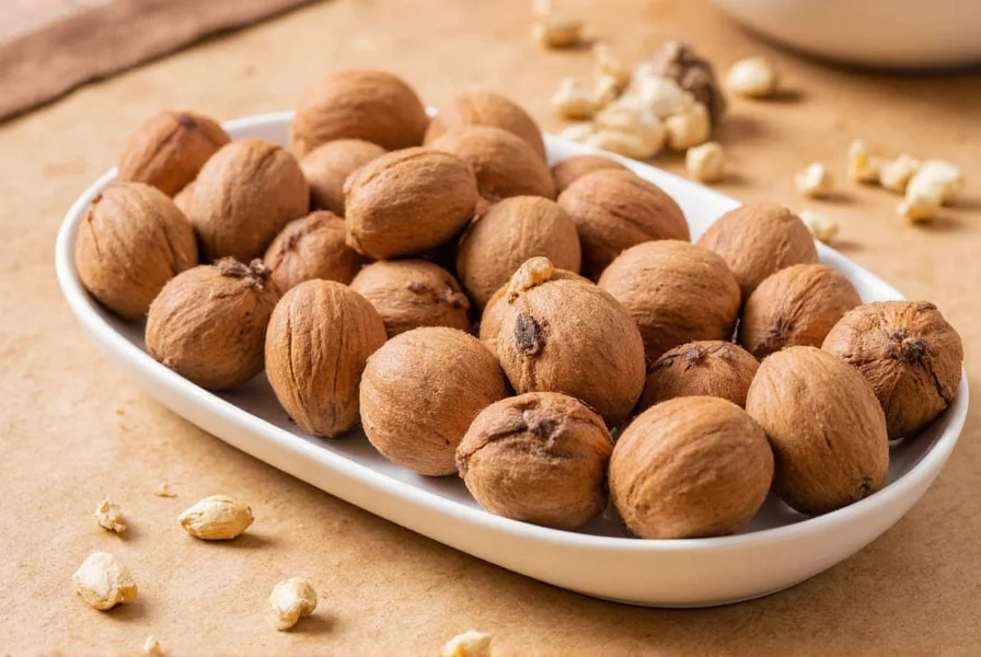 Nutmeg spice next to measuring spoons showing proper dosage amounts