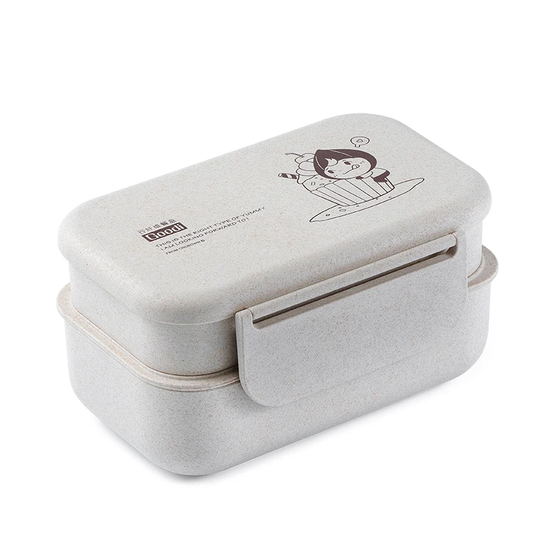 

Light Lunch Box Biodegradable Nature Wheat Straw Double Layers Lunch Box with Knife Spoon and Fork for School Office Picnic, Cream-coloured