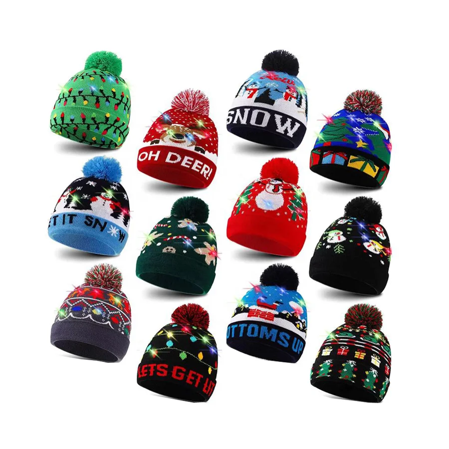 

Wholesale LED Christmas Hat Light Up Christmas Warm Hat Unisex Knitted Beanie Holiday Hat with Printing for Party