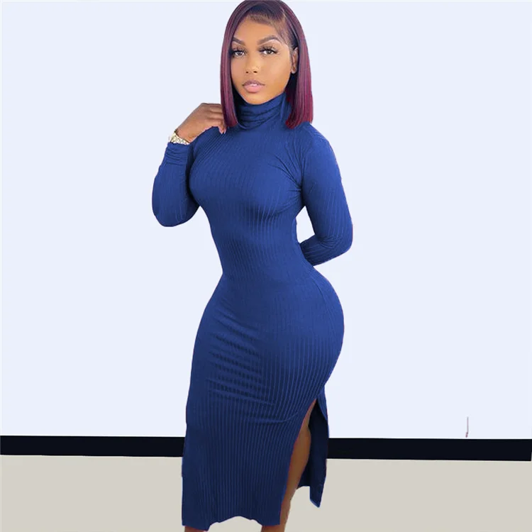 

LvCong Wholesale fall clothes thigh high collar sexy ribbed plus size long sleeve solid color rib dress women