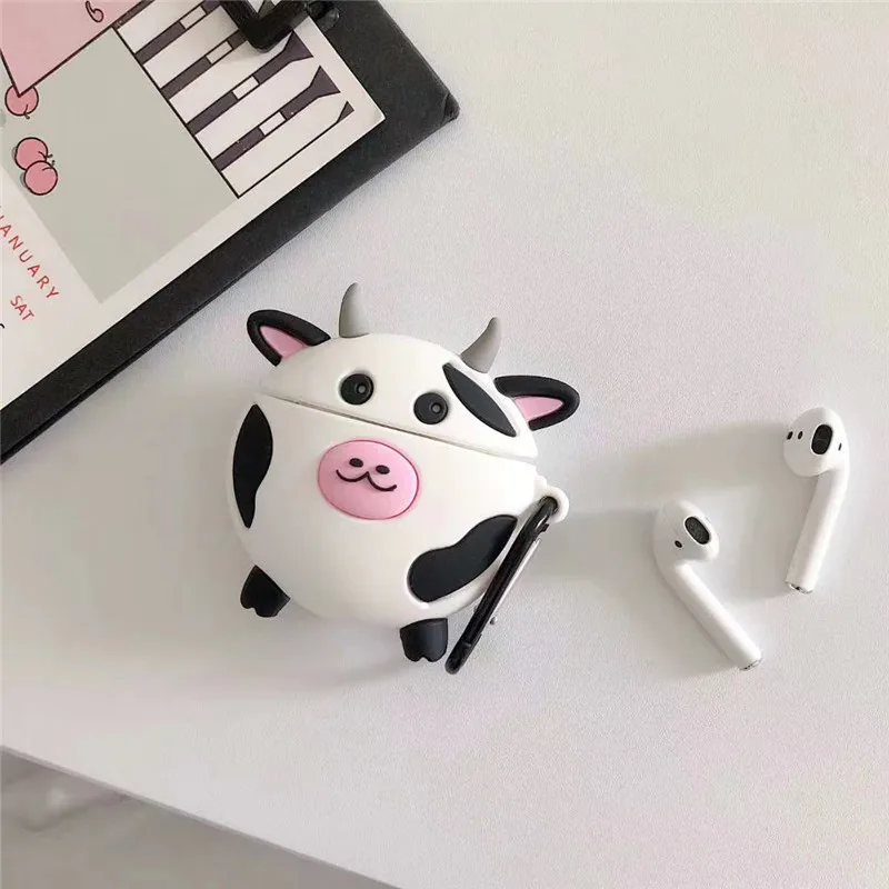 

3D Cute Cartoon Cows Soft Silicone with Hook Protective Case Shockproof Covers Holder for Apple for Airpod 1 2