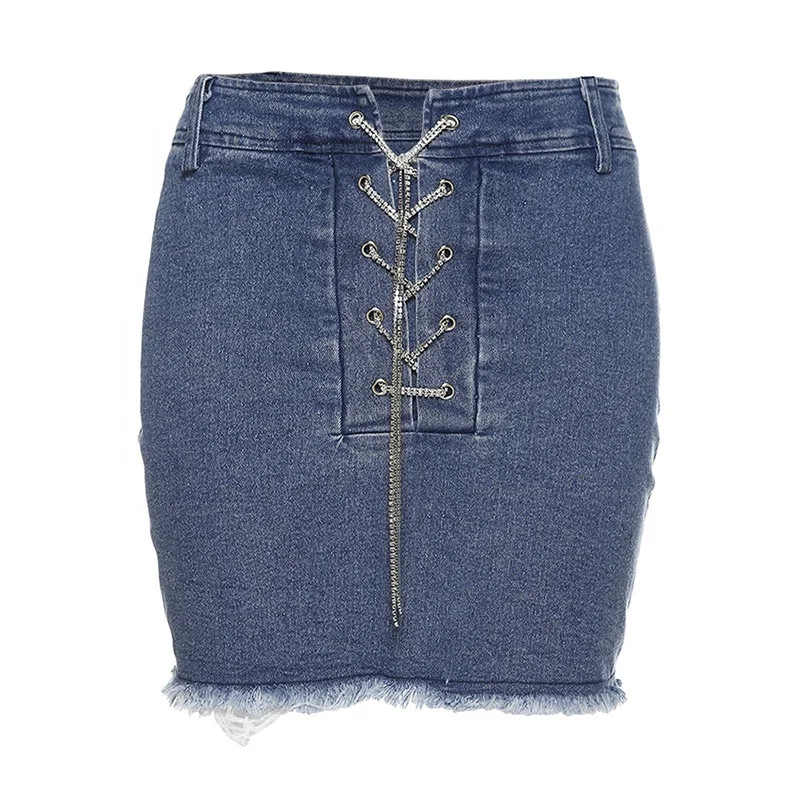 

B24752A Summer women new style chain strap high waist denim skirt, Blue