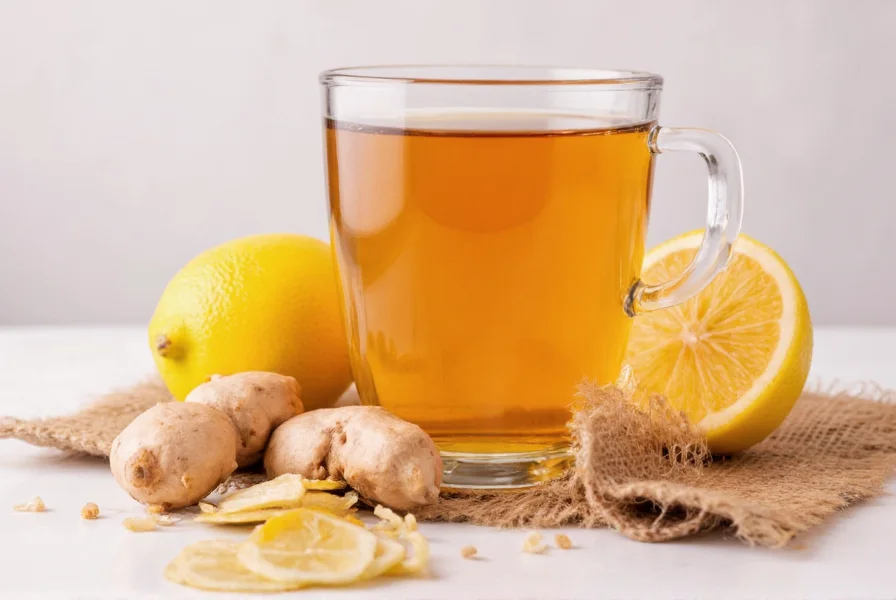 Fresh ginger slices and lemon wedges in a teapot with steam rising, natural lighting