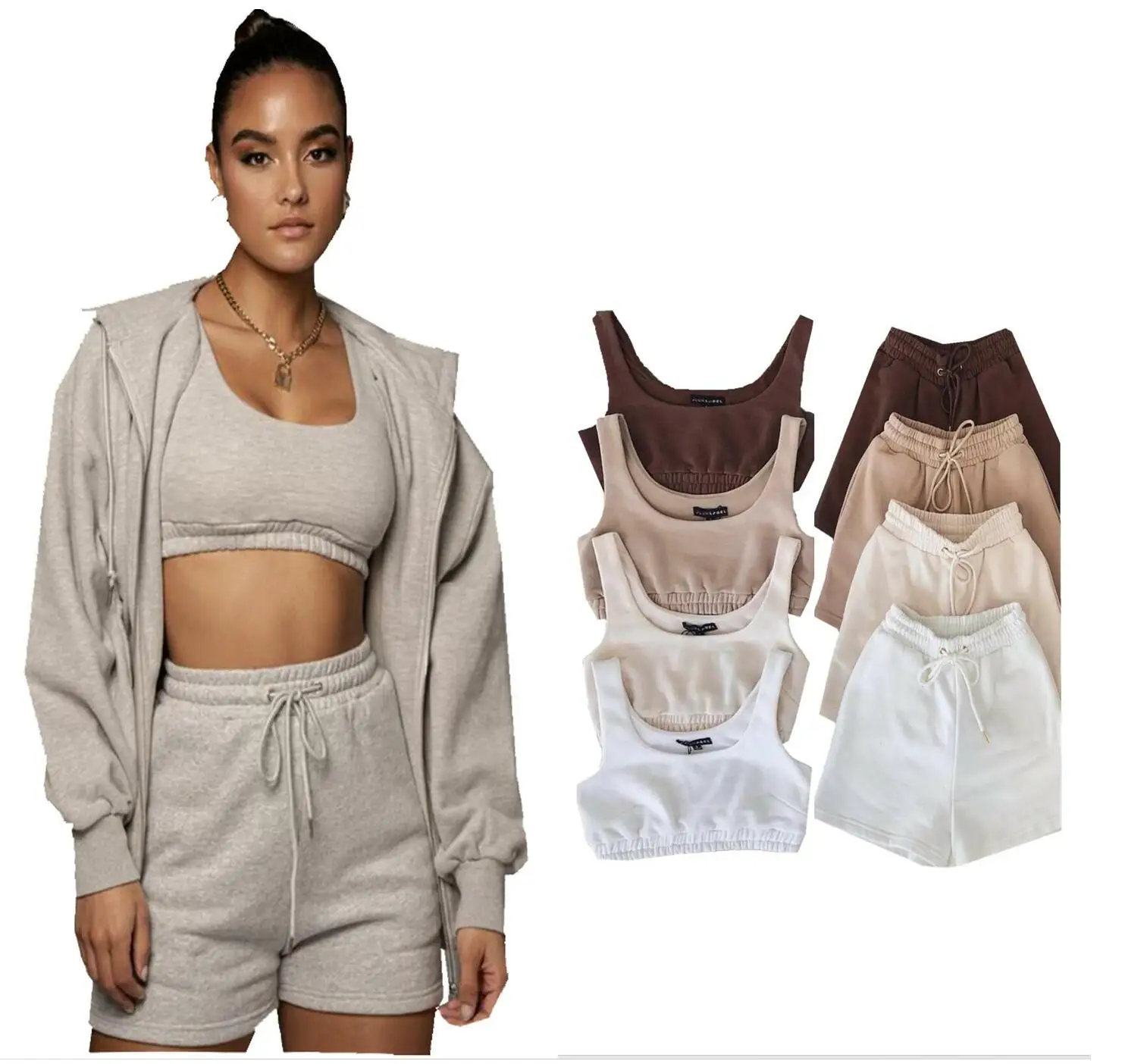 

2022 streetwear french terry shorts set biker shorts with pockets vacation nude outfits for woman white two piece shorts set