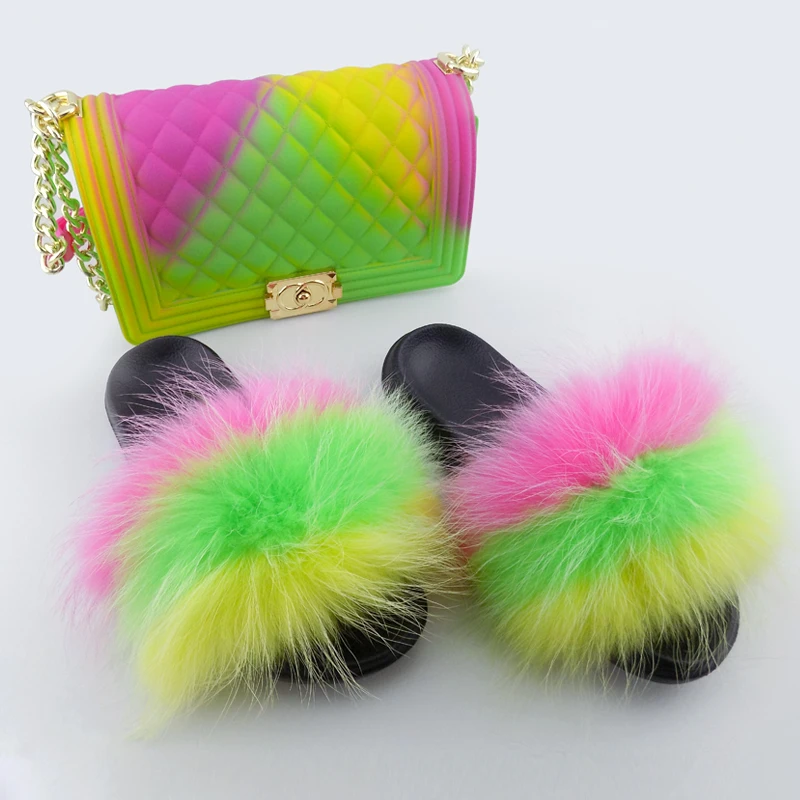 

Wholesale fur slippers purse sets custom colorful real raccoon fur sandals fanny pack jelly bag fox fur slides for women, 7 colors