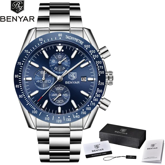 

Benyar Flash Top Brand Steel Quartz Watch Six Needle Calendar Military Luxury Classic Watches Wrist Men Blue Relogio Masculino