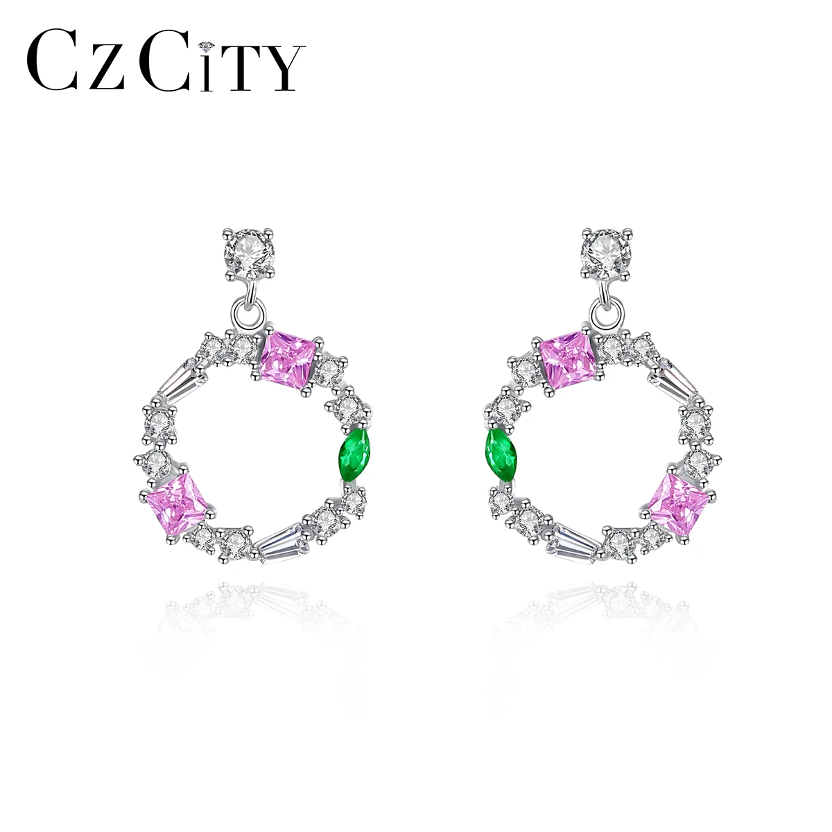 CZCITY Women Engagement Jewelry Circle Earrings 925 Sterling Silver Cubic Zircon Flower Circle Drop Earring