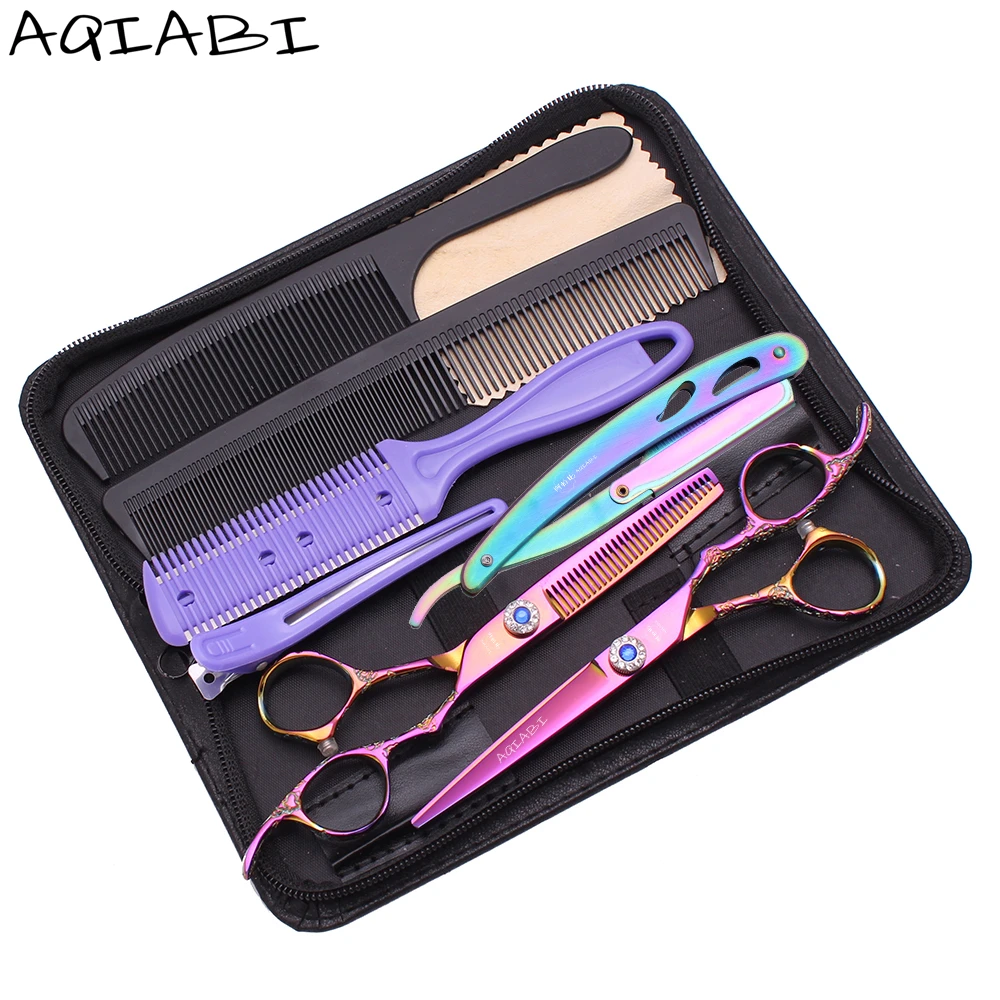 

Scissors Hair Barber 5.5" 6'' AQIABI Japanese Steel A9002 Hair Cutting Scissors Set Thinning Scissors Haitcut Set Add Bag, Shiny