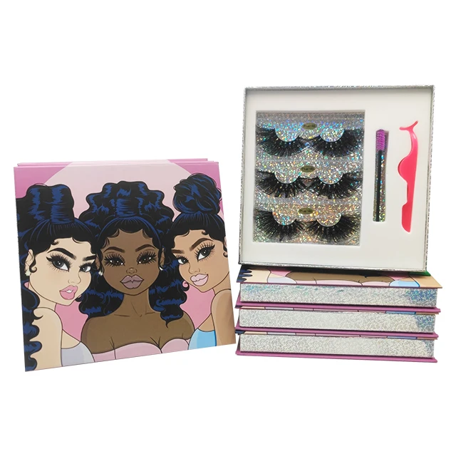 

3 pairs custom eyelashes packaging box set with tweezer 3 set eyelash box eyelash vendor customized boxes with mirror