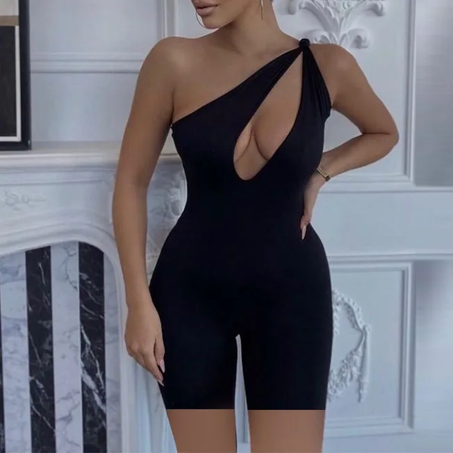 

FS2599D new arrivals Solid One Shoulder Cut Out Biker Shorts Rompers Sleeveless Sporty Workout Activewear Jumpsuits