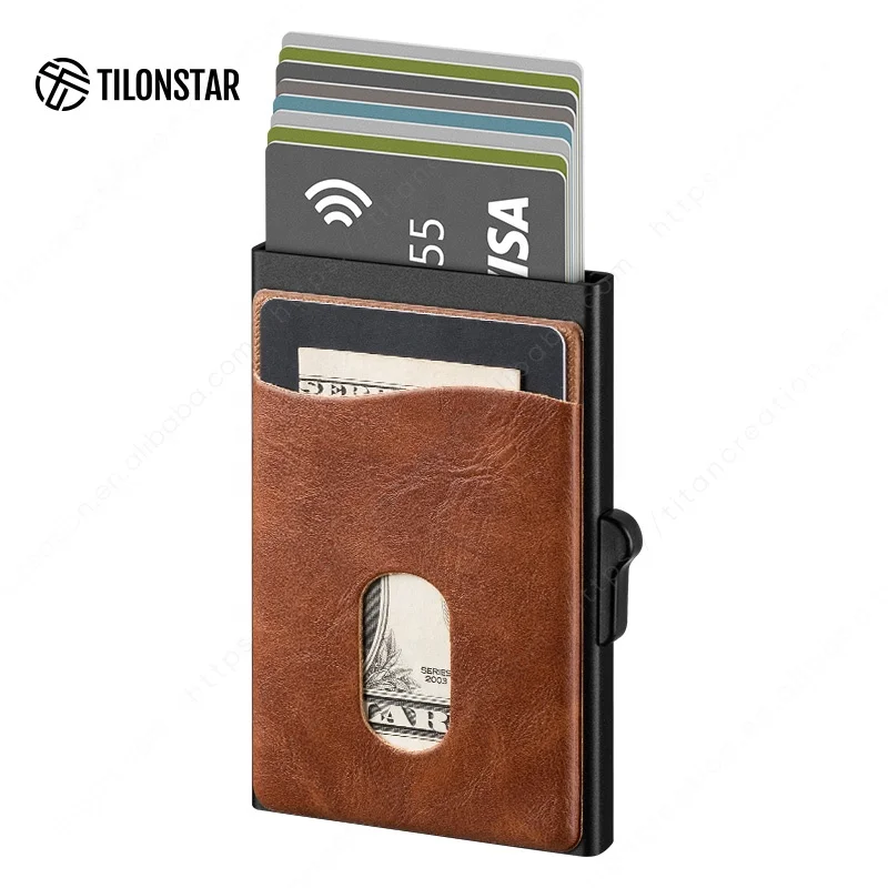 

Slim Wallet Tarjetero Mujer Para Tarjetas Aluminum Wallets With Leather Cover Rfid Pop Up Card Holder