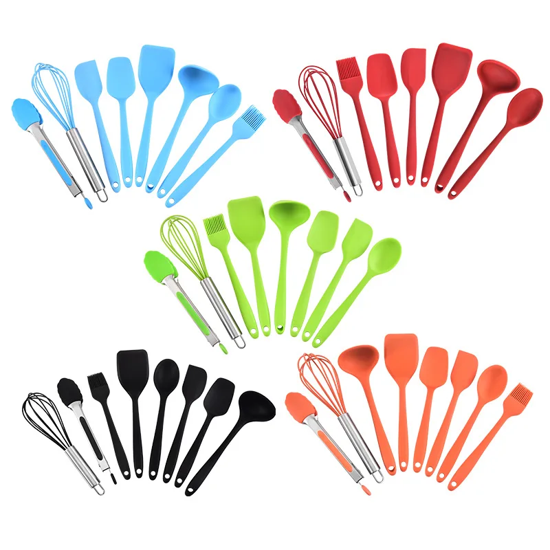 

Customized Mini Cocina Kitchen Accessories Sets 8 Cooking Tools With Small Spatula Silicone Non Toxic Kids Utensil Set, Red, black, blue, green, orange