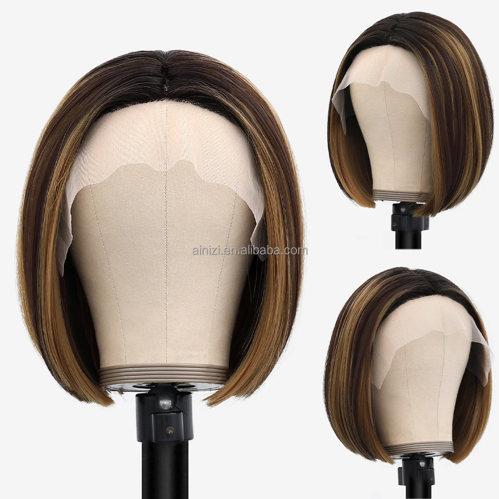 

Ainizi heat resistant HD lace wigs piano color 12'' yaki bob style middle part synthetic T part lace front wigs