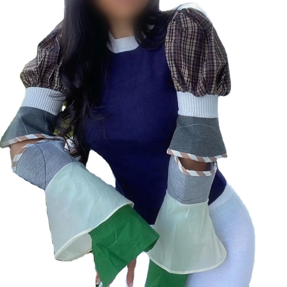 

Vintage Color Blocking Multilevel Detachable Puff Bubble Sleeve Women Tops Blouses And T Shirts Ladies' Blouses Women Sweater