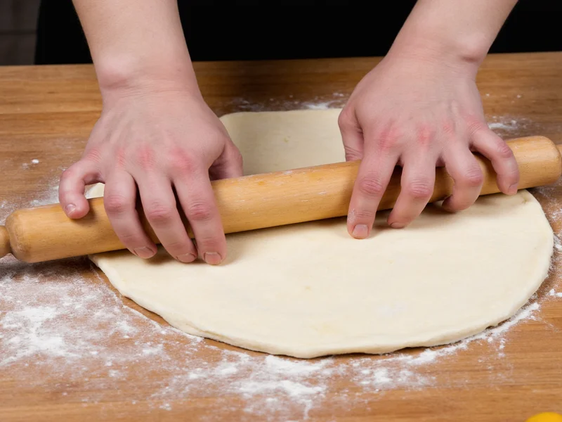 Hands rolling flaky pie crust on floured wooden surface
