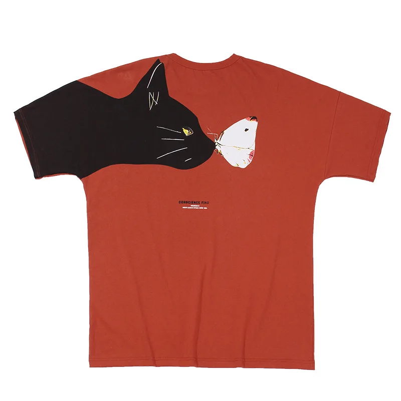 

Hanlu men's wear 2020 summer new bat sleeve T shirt men loose butterfly cat print half sleeve shirt