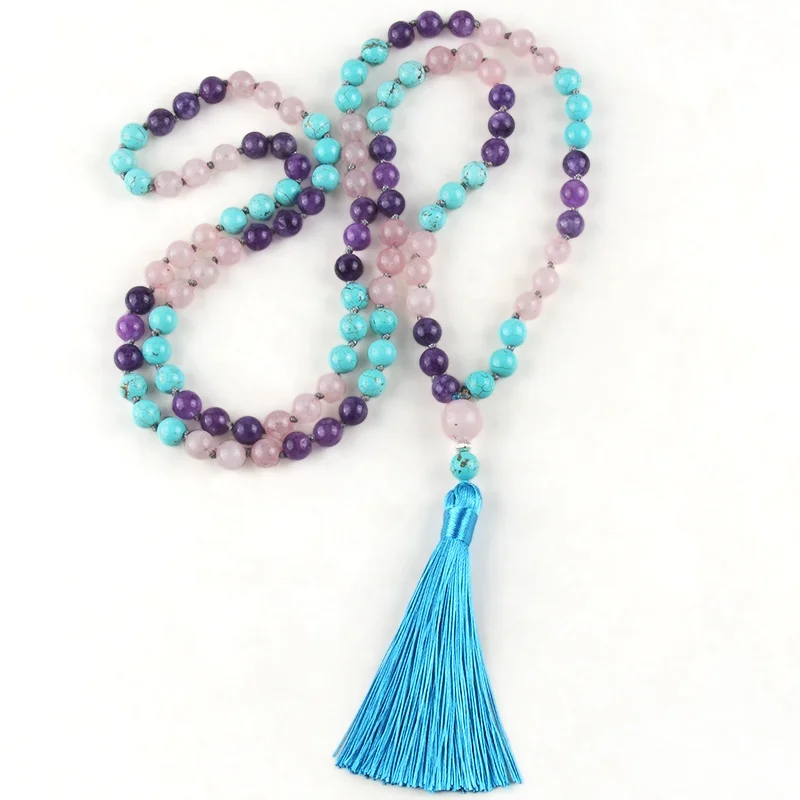 

Religious Unisex Blue Turquoise Imperial Natural Stone Tassel Pendant Necklace 108 Beads Yoga Mala Necklace