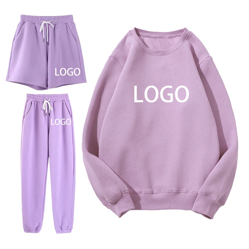 

2022 Wholesale Custom women's sets Women's Jogger Fleece Loose Pants And Shorts And Crew Neck Sweatshirt Sets