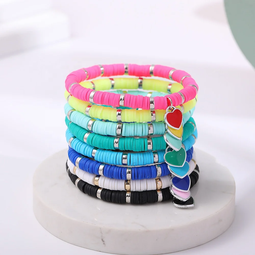 

Colorful polymer clay Heart pendant Bohemia style stack disc spacers polymer clay bracelet Elastic String Handmade Girl Bracelet, Picture