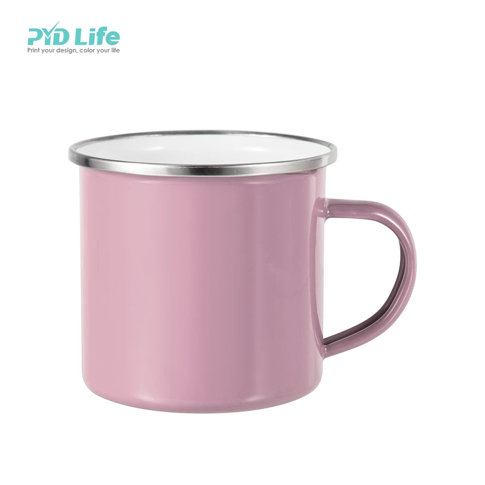 

PYD Life Promotional 12oz Camping Stainless Cup Sublimation Mug Printed Pink Enamel Steel Coffee Mugs with Logo