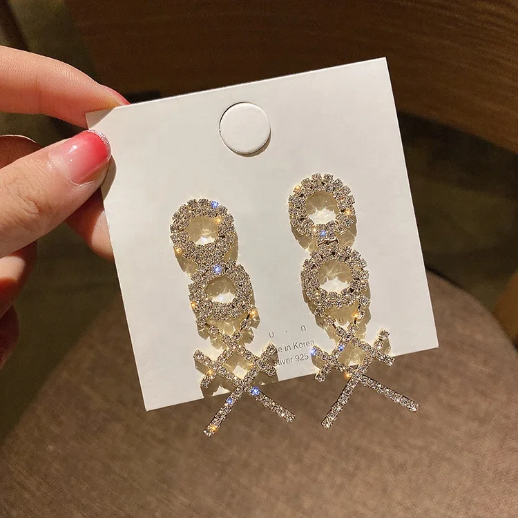 

Fashion Crystal Rhinestone Double Round Crossover Long Earrings For Women Vintage Statement Big Earring Jewelry, Picture shows