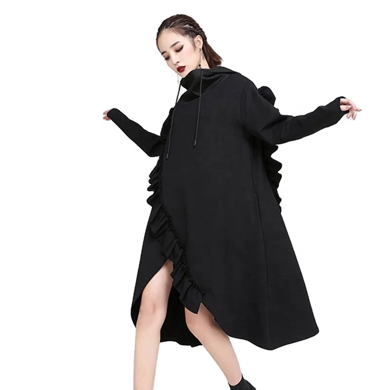 

TWOTWINSTYLE Patchwork Ruffle Dress Women Hooded Long Sleeve Split Asymmetric Oversize Midi Female Dresses