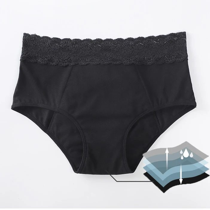 

OEM Custom Leak-proof Reusable Logo Waistband Cycle Private Label Underwear Bamboo 4 layers Women Menstrual Period Panties, Black