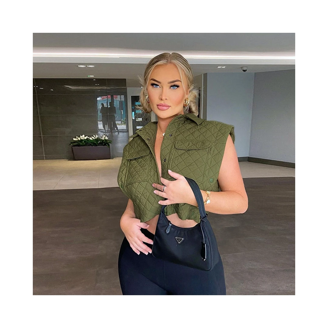 

2021 Winter Fall Turn Collar Sleeveless Puffer Coat Fashion Faux Down Vest Quilted Jacket, Green,black