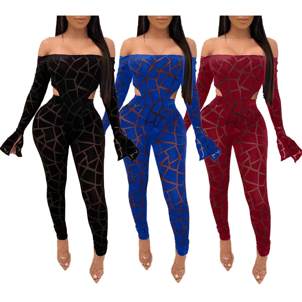 

FS2509D women Fashion Outfits off the shoulder Jumpsuits Two Piece Set Mesh Clothing