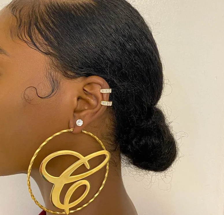 

custom 18k gold plated stainless steel big hoop initial earring 26 cursive letter earrings tarnish free jewelry for women 2022