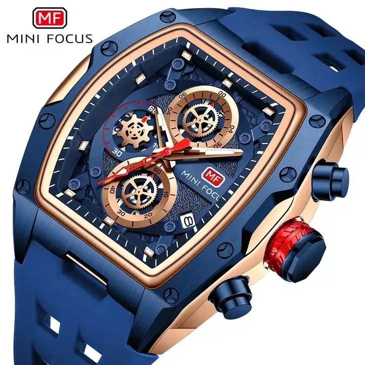 MINI FOCUS Watch Men 0473 Blue Silicone Strap Quartz Waterproof Man Watches Fashion Chronograph Luminous Wristwatch Man Reloj