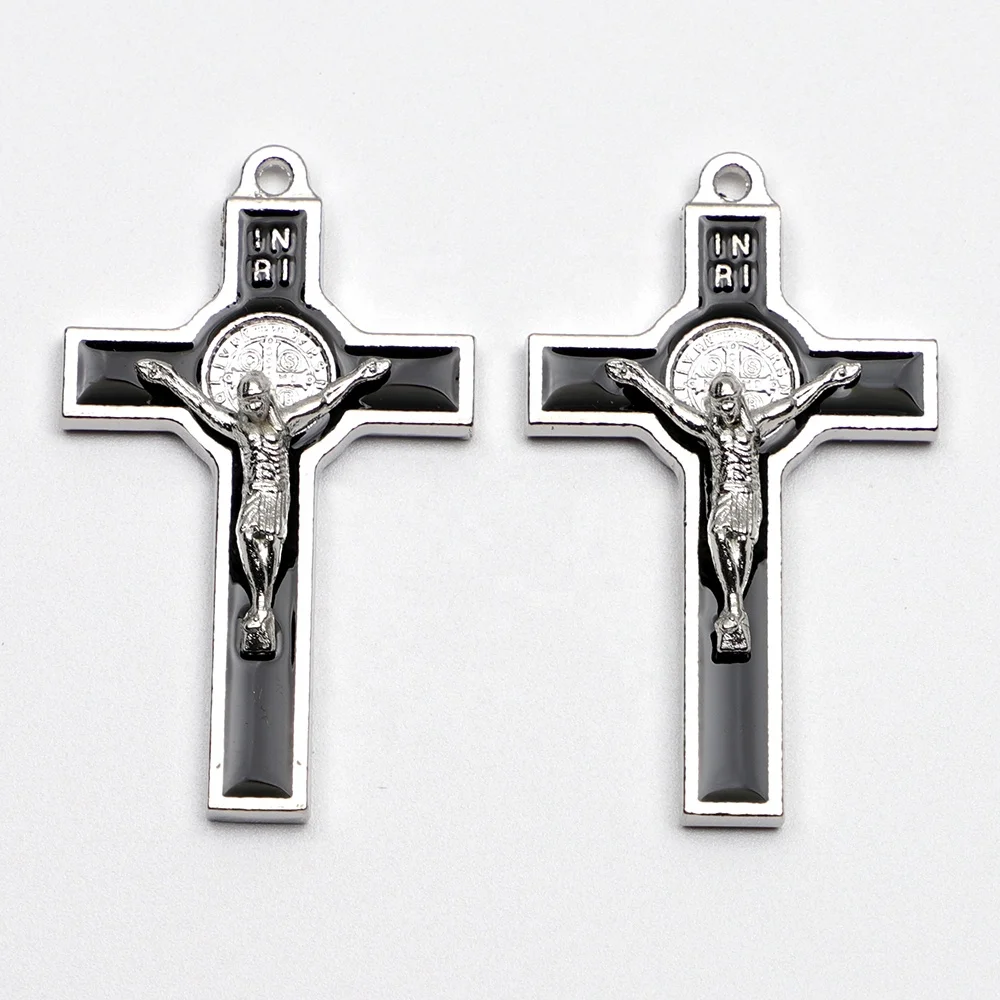 

2 Inch Silver Tone Epoxy Black Christian St. Benedict Crucifix Cross