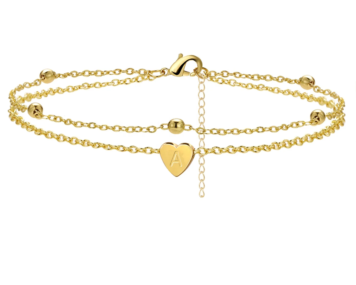 

Wholesale Adjustable Double Layer Gold Heart Letter Ankle 26 Initial Anklet for Women, Gold color