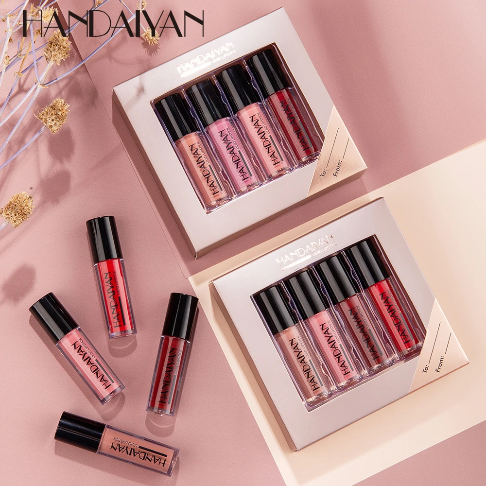 

HANDAIYAN 4Colors/Sets Fashion Lipstick Lipgloss Set Natural Moisturizer Waterproof Non-stick Cup Matte Lip Glosses Gift Box