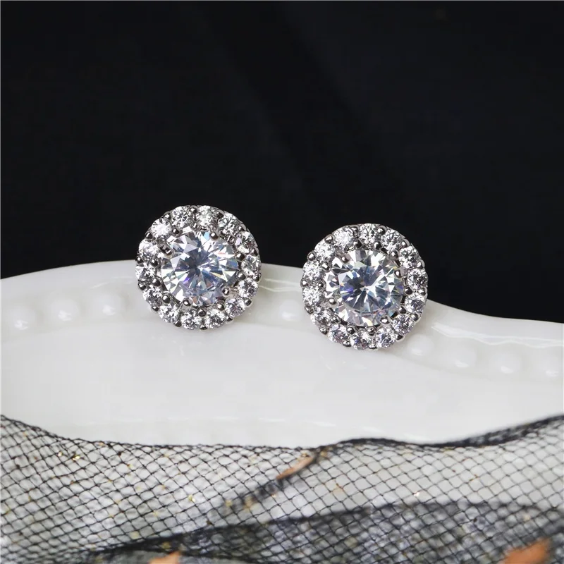 

White Gold Plated Diamond earring stud micro pave setting round earrings cubic zirconia, 18k gold/white gold plated