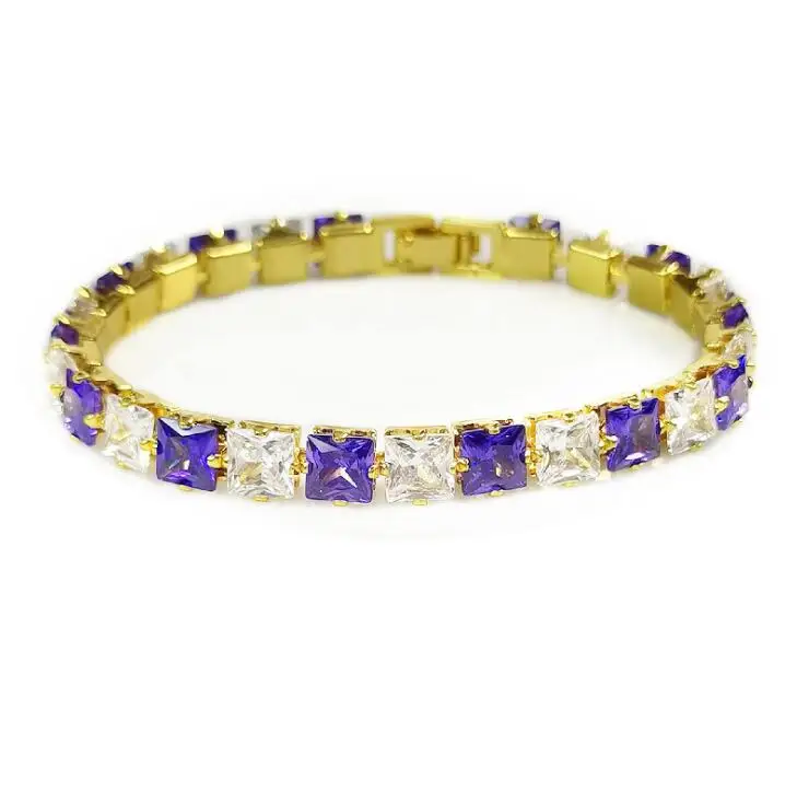 

Purple Square Bicolor Bling Bangles Fine Ice Jewelry 6mm CZ Diamond Tennis Bracelet