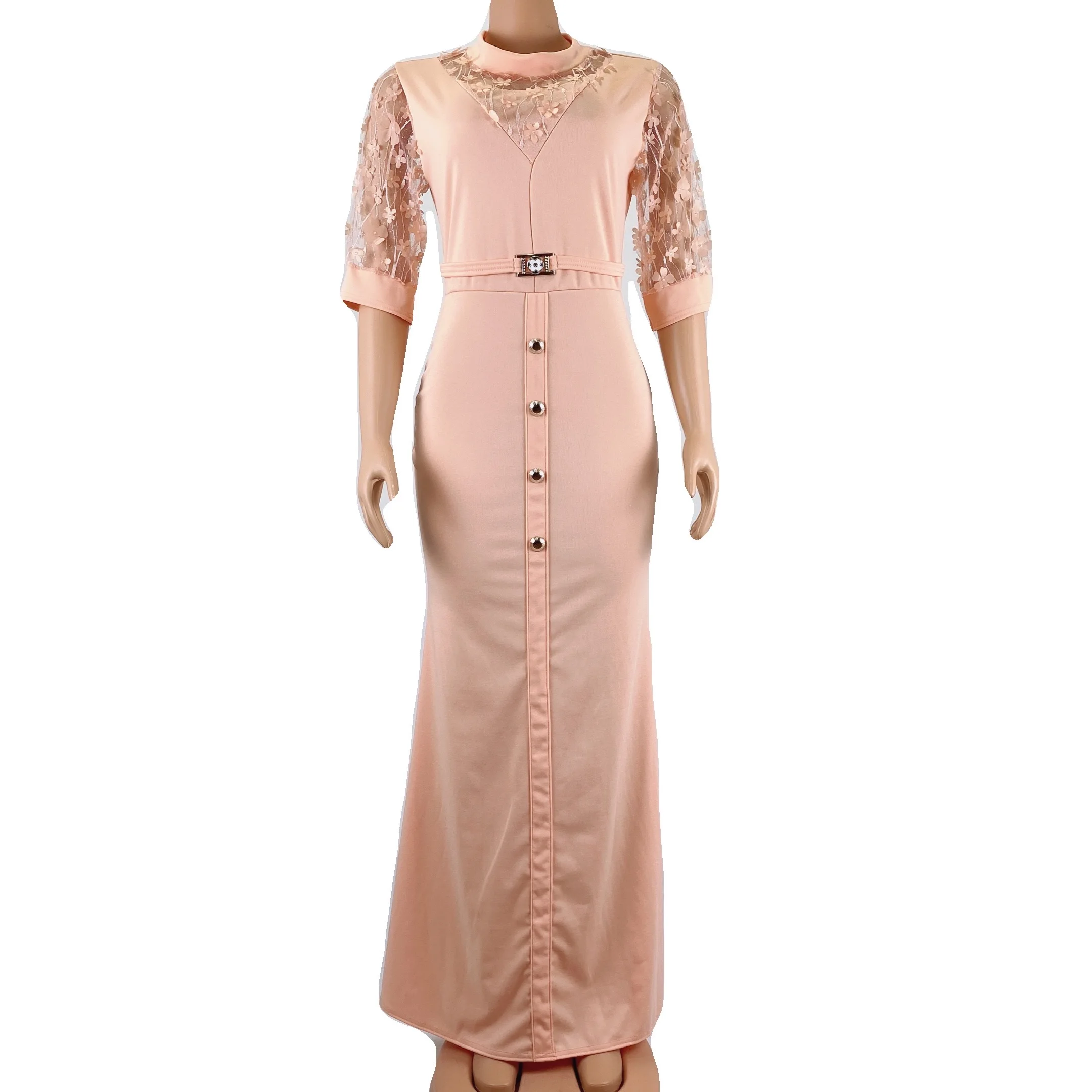 

casual Mesh Patch mesh sleeve lace flower Waistbelt maxi african ladies long dresses for plus size women, Shown