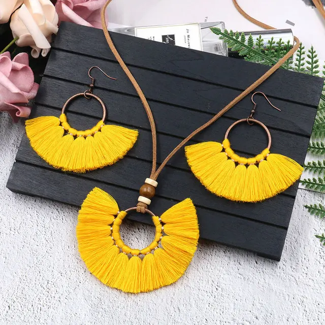 

Bohemian Ethnic Colorful Tassel Jewelry Sets For Women Handmade Weave Long Tassel Earrings Necklace Set Pendant Sweater Chain