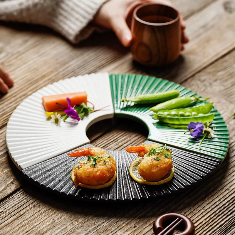

Sushi Maker Set Japanese Style Black White Sushi Plate Tray Fan Shaped For Restaurant Sukiyabashi Jiro Bar Ceramic Matte Black, Optional
