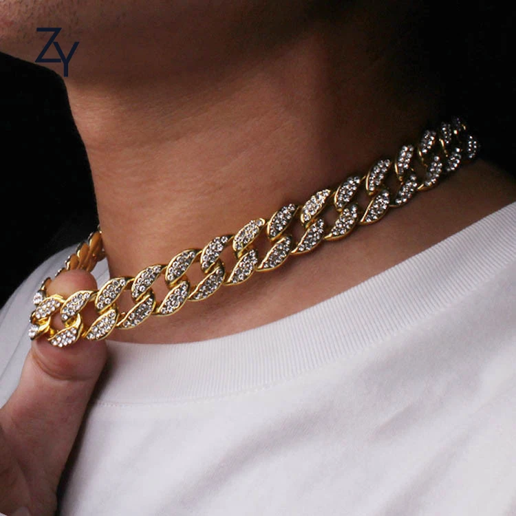 

ZHUANGYEE 18 20 inches 3 color matching 925 silver iced out rhinestone CZ link chain zinc alloy cuban necklaces for women men, Gold, silver