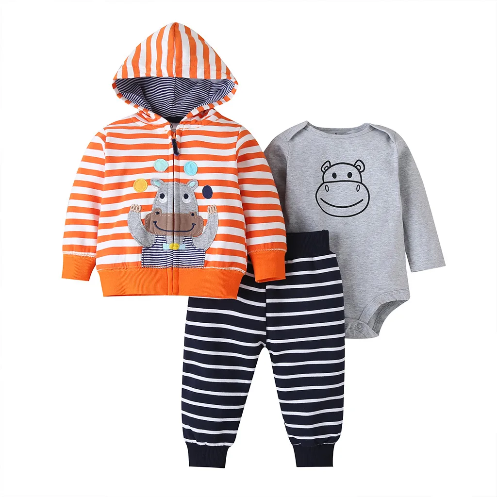 

RTS Hot Sale Hippo Printed Hooded Striped Matching Cotton Rompers Newborn Baby Full Sleeve Clothing Set for Boys