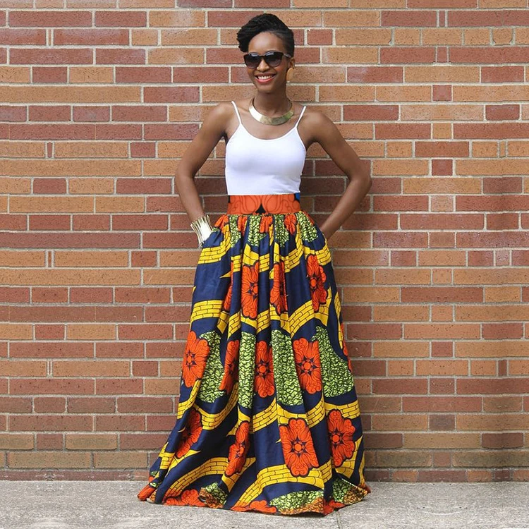 

Cheap New Fashion African kitenge Print Design Women Maxi Skirt Ankara Clothing for Party, As shown