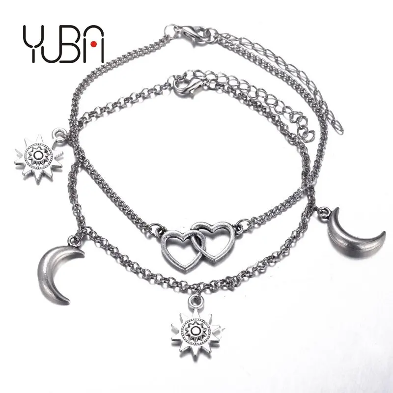 

Vintage Silver Color Interlocking Heart Moon Anklet Layered Carved Pattern Sun Horn Crescent Love Heart Charm Ankles