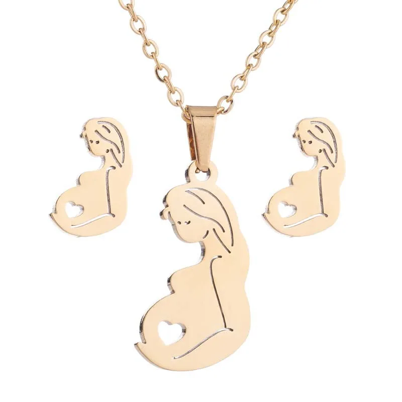 

New arrivals 2021 mothers day gifts Love Pregnancy lady Necklace and Earring Stainless Steel Jewelry Set, Picture shows